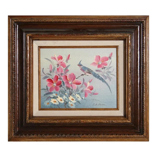 Blue Bird in Flowers, Unknown Artist Oil on Board, Signed 'c.k. Chan' L.r. For Sale