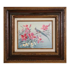 Blue Bird in Flowers, Unknown Artist Oil on Board, Signed 'c.k. Chan' L.r.