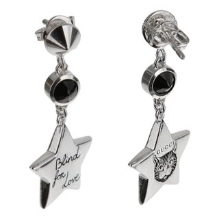 Gucci “Blind for Love” Feline Star Drop Onyx Earrings Sterling Silver- Set of 2 For Sale