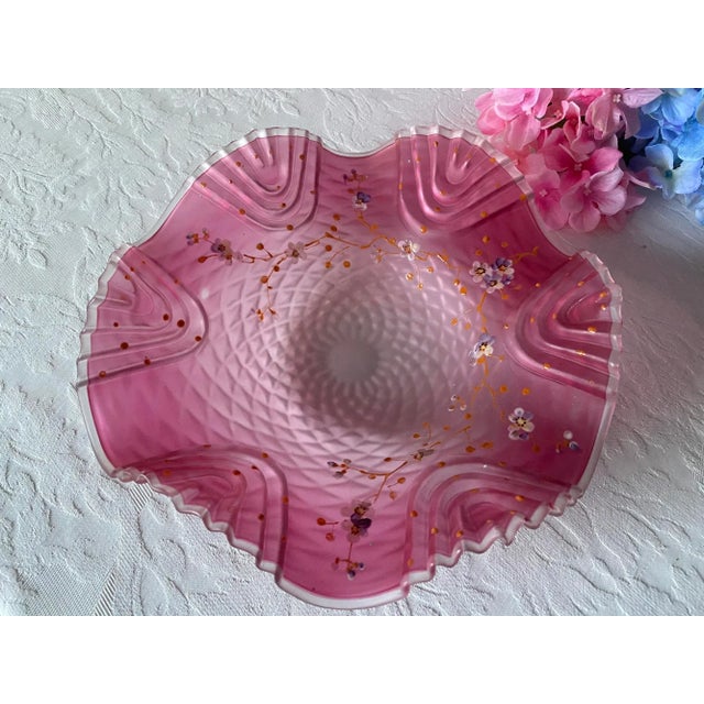 Late 19th Century Late 19th Century Bohemian Victorian Art Glass Pink Cranberry Satin Glass Bride's Bowl with Diamond Optic Quilting Enameled Flowers For Sale - Image 5 of 13