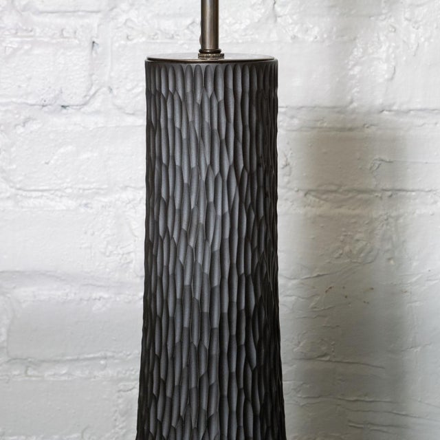 Pair of charcoal "carved" ceramic table lamps For Sale In New York - Image 6 of 10