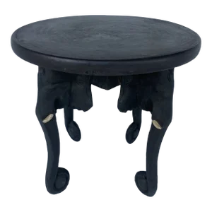1980s Vintage Ebonized Wooden Carved African Table With Elephant Motifs