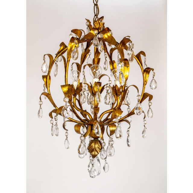Mid Century Spherical Gilt Leaves & Crystal Chandelier For Sale - Image 4 of 12