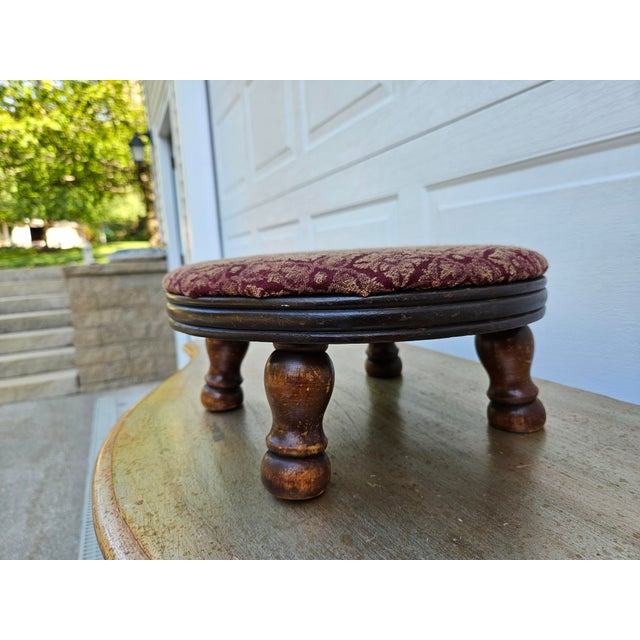 Victorian Antique Round Burgundy and Gold Footstool For Sale - Image 3 of 12
