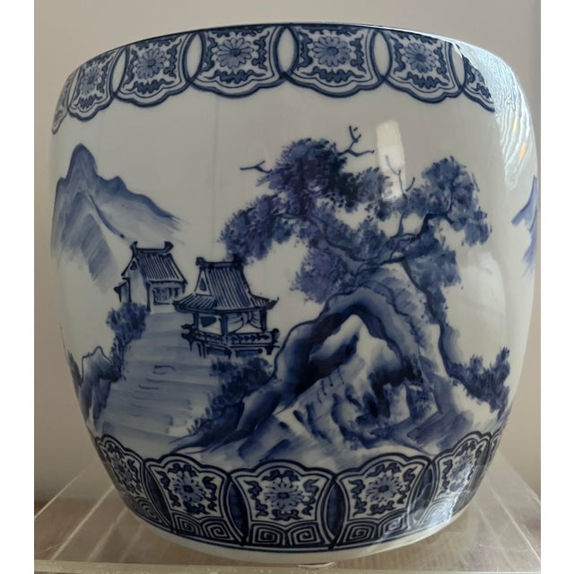 Navy Blue Antique Blue and White Porcelain Hibachi (Charcoal Brazier) Circa 1880-1905 For Sale - Image 8 of 15