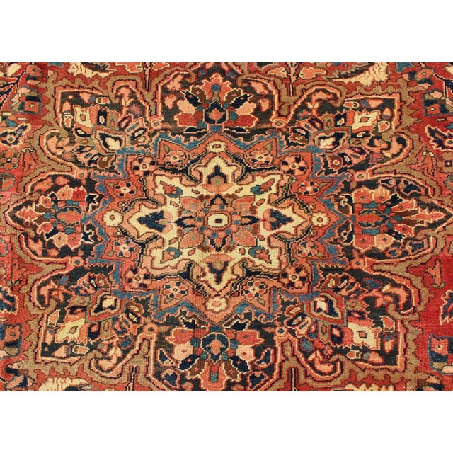 Vintage Heriz With Large Medallion in Soft Red, Navy Blue, Light Blue and Cream Colors For Sale - Image 4 of 13