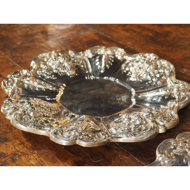 Pair of Scalloped Sterling Silver Platters With Repousse Fruit Motifs For Sale - Image 9 of 13