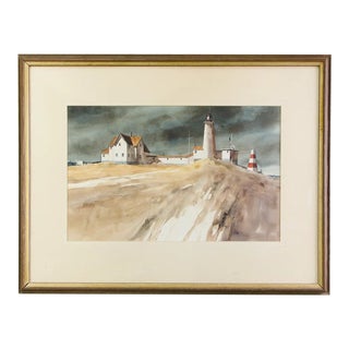 Vintage Artist R.A. Benson Signed Watercolor Painting Cape Neddick Lighthouse, 1941-1996 For Sale