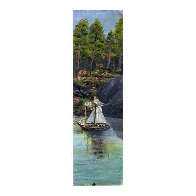 Folk Art Ship on River Long Format Painting For Sale