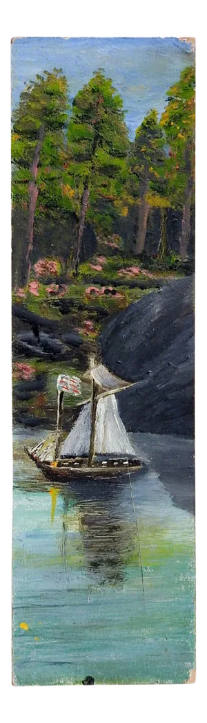 Folk Art Ship on River Long Format Painting
