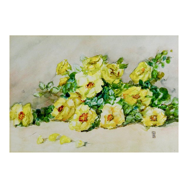 Early 20th Century Yellow Roses Still Life Watercolor Painting For Sale