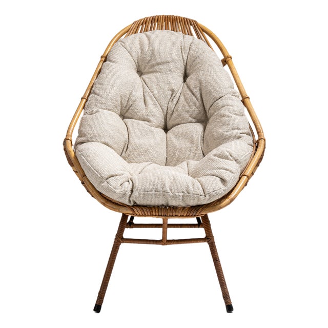1960s French Tan Bamboo Upholstered Bowl Chair For Sale