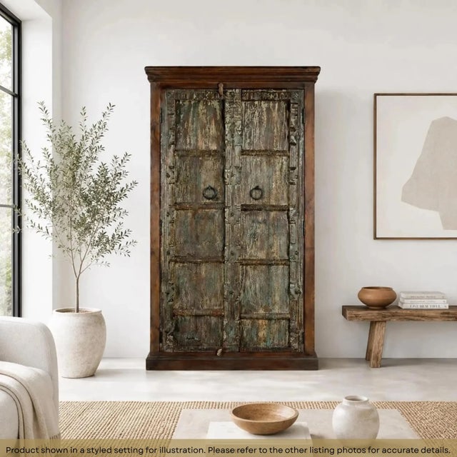 Dimensions: 35"W X 16"D X 67"H Features: • Antique teak wood doors repurposed • 100% solid wood construction • Mango wood...