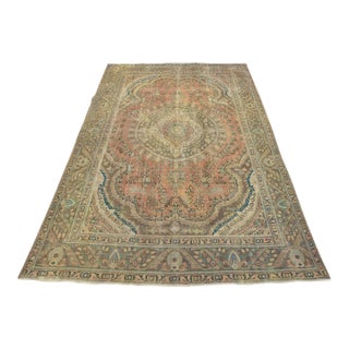Tabriz Rug 8’1” X 11′ Pink Wool Vintage Distressed Hand-Knotted Carpet For Sale