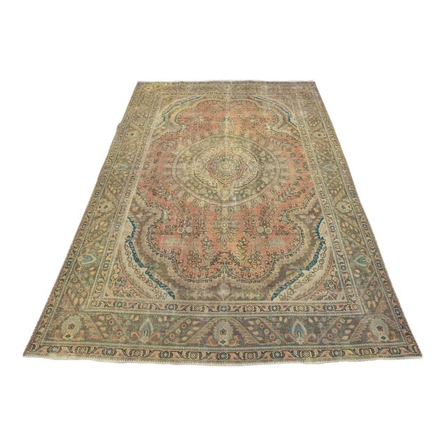 Tabriz Rug 8’1” X 11′ Pink Wool Vintage Distressed Hand-Knotted Carpet For Sale