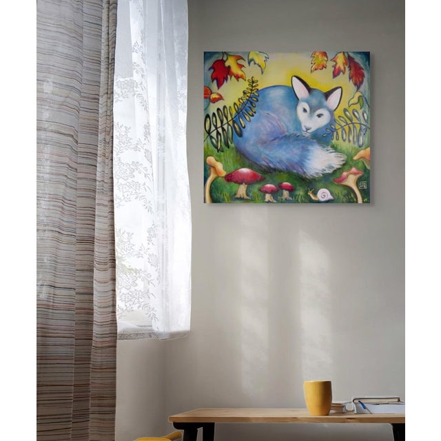 Early 21st Century Blue Fox by Zoa Ace | Oil on Canvas Blue fox resting among ferns and mushrooms. For Sale - Image 5 of 5