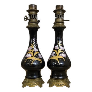 Napoleon III Lamps with Black Enameled Porcelain Stems, Set of 2 For Sale