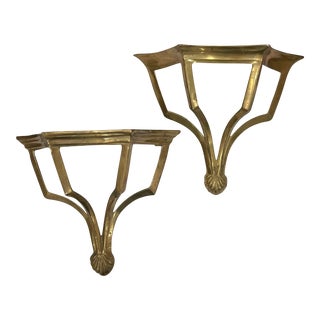 Vintage Pair Brass Wall Shelves With Shell Detail For Sale