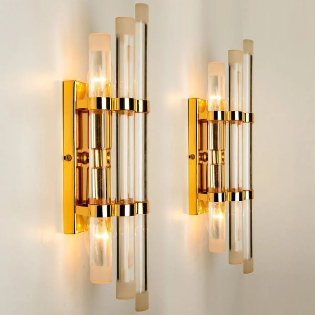 Metal Venini Style Murano Glass & Gilt Brass Sconces, 1960s, Set of 2 For Sale - Image 7 of 12