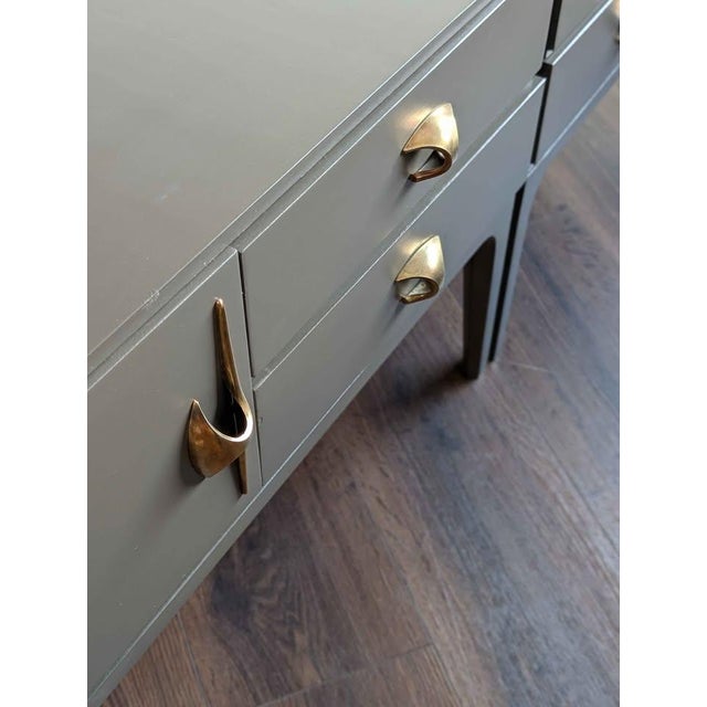 Mid Century Modern Pair of Grey Nightstands W/ Amazing Brass Hardware For Sale - Image 9 of 10