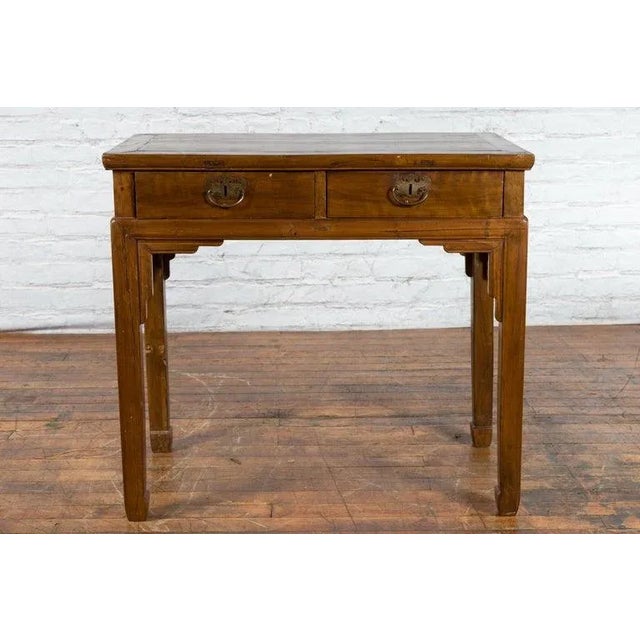 19th Century 19th Century Chinese Qing Dynasty Two-Drawer Desk with Bronze Butterfly Hardware For Sale - Image 5 of 13