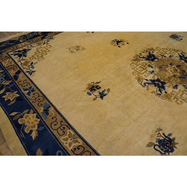 1920s Beige Field Antique Chinese Peking Floral Medallion Oriental Wool Rug For Sale - Image 10 of 11