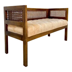 Mid Century Cane Bench or Settee With Upholstered + Tufted Velour