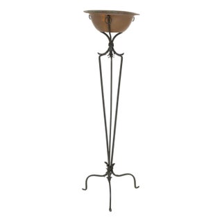 Arts and Crafts Style Copper Brazier on Wrought Iron Tripod Stand For Sale