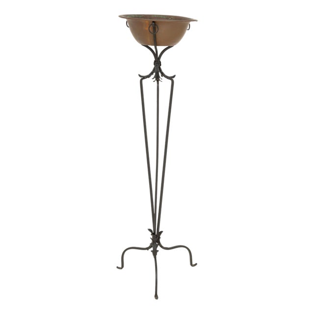 Arts and Crafts Style Copper Brazier on Wrought Iron Tripod Stand For Sale