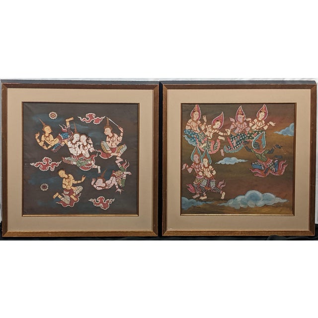Glass Late 20th Century Pair of Thai Celestial Figure Paintings on Fabric, Gilt Frames For Sale - Image 7 of 14