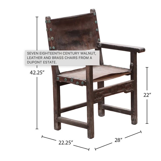 Rustic European Seven 1700s Walnut & Leather Chairs. - Dupont Family Estate For Sale - Image 3 of 9