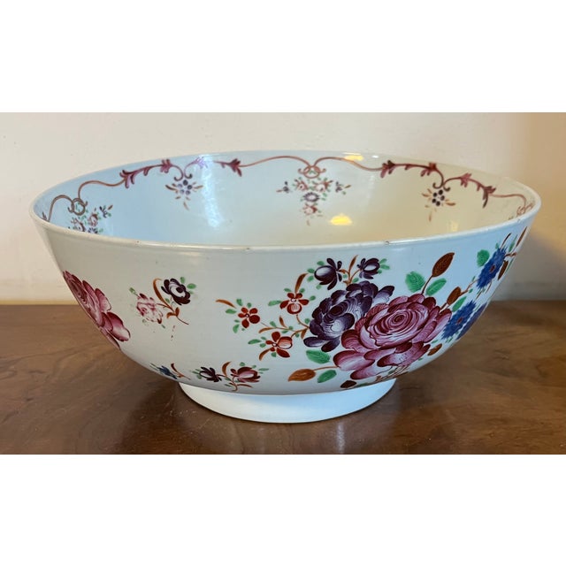 Ceramic Large Antique Early 19th Century Chinese Export Porcelain Famille Rose Punch Bowl Painted With Exuberant Flowers For Sale - Image 7 of 17
