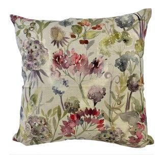20" Square Decorative Throw Pillow Embellished With a Watercolor Look Pink and Purple Floral Pattern - Made in the U K For Sale