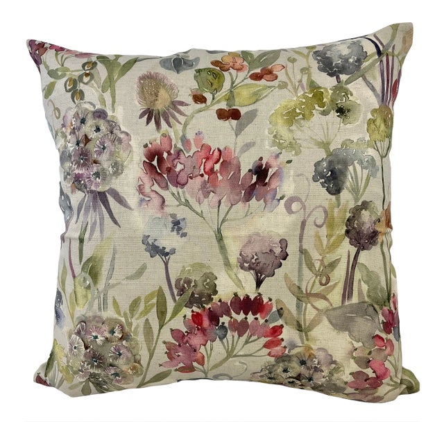 20" Square Decorative Throw Pillow Embellished With a Watercolor Look Pink and Purple Floral Pattern - Made in the U K For Sale