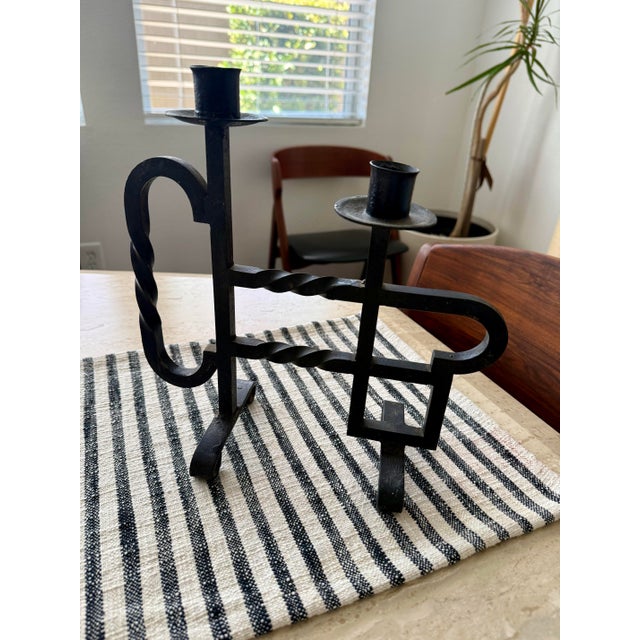 Antique Hand Forged Spanish Revival Wrought Iron Twisted Metal Candle Holder For Sale - Image 4 of 9