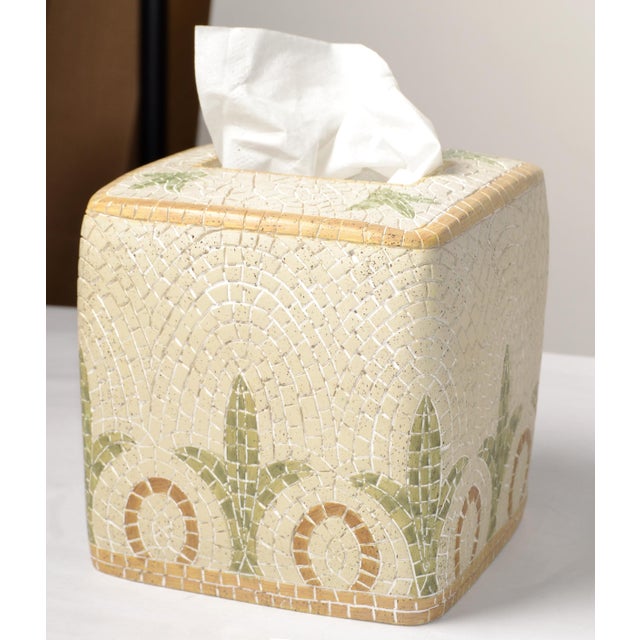 1980s Terrazzo Mosaic Taupe and Light Green hand crafted & painted Cube Ceramic Tissue Box Cover. Please not the detailing...
