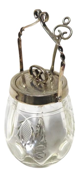 Antique English Sheffield Silverplate & Hand Cut Crystal Swing Handle Jam Jar & Spoon Set Circa 1900