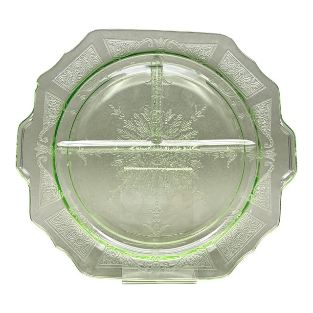 Vintage Green Depression Glass “Princess” 3 Part Divided Serving Platter by Hocking Glass For Sale