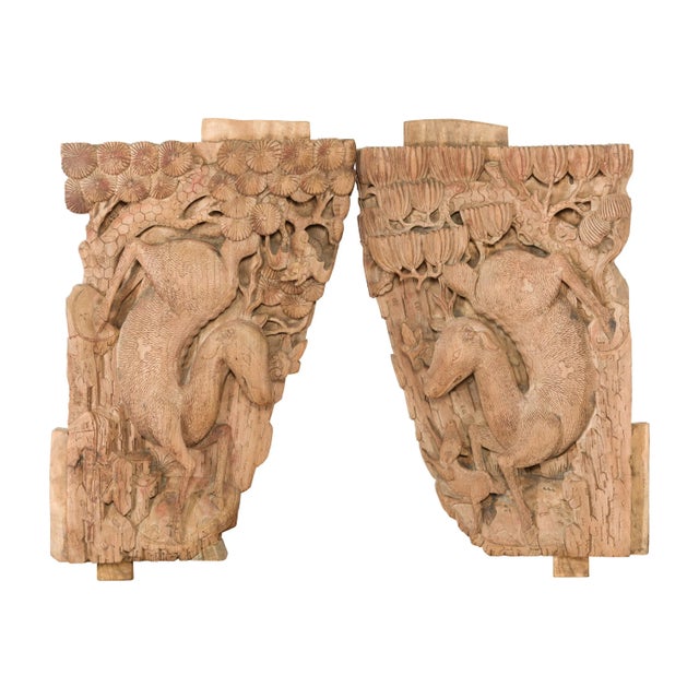 Qing Dynasty Hand-Carved Wooden Temple Corbels with Deer Motifs - A Pair For Sale - Image 13 of 13