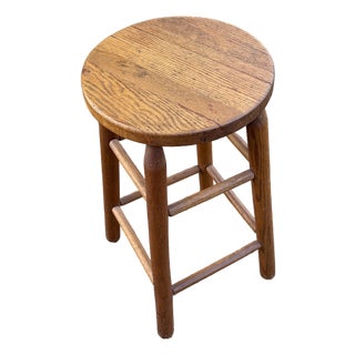 Midcentury Arts & Crafts Rustic Oak Stool For Sale