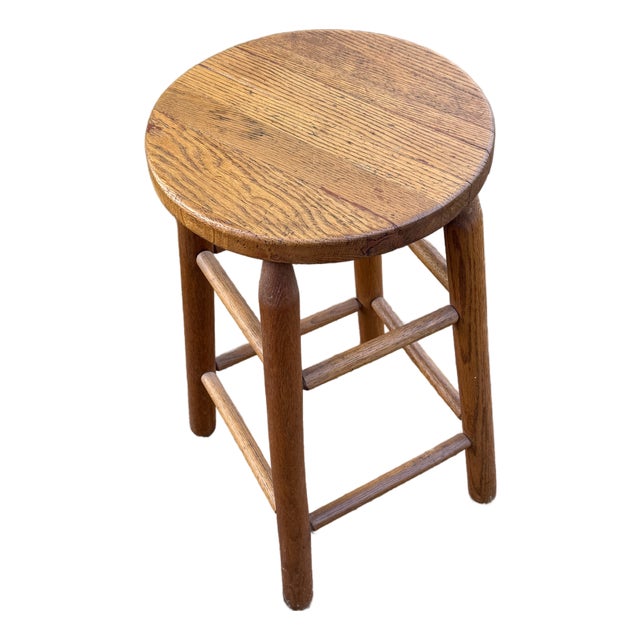 Midcentury Arts & Crafts Rustic Oak Stool For Sale