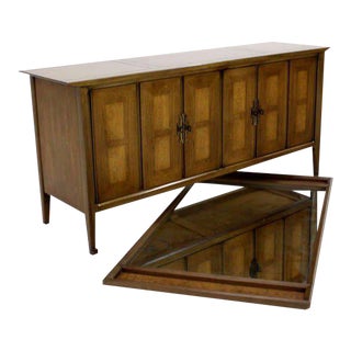 Mid Century Modern Burlwood Long Credenza Dresser Matching Mirror For Sale