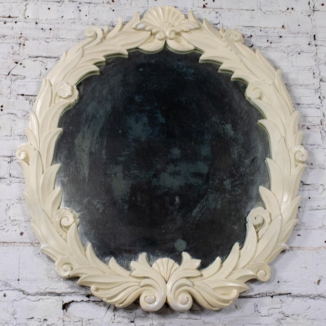 Off-white Early 20th Century Art Deco Large Distressed Plaster Mirror Round Acanthus Foliate Frame Style of Serge Roche For Sale - Image 8 of 17