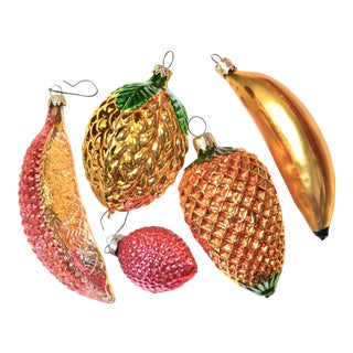 Vintage European Large Mercury Glass Tropical Fruit Ornaments- Set of 5 For Sale