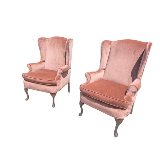 Hickory Chair Furniture Company Mid 20th Century Rose Gold Pink Crushed Velvet Wingback Chairs- A Pair For Sale - Image 4 of 18
