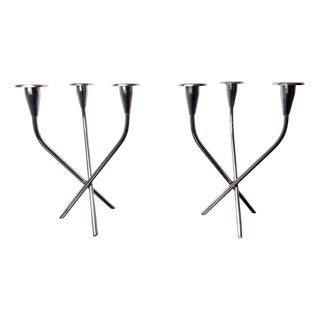 Scandinavian 3-Arm Candlesticks in Alpaca, Sweden, 1970, Set of 2 For Sale