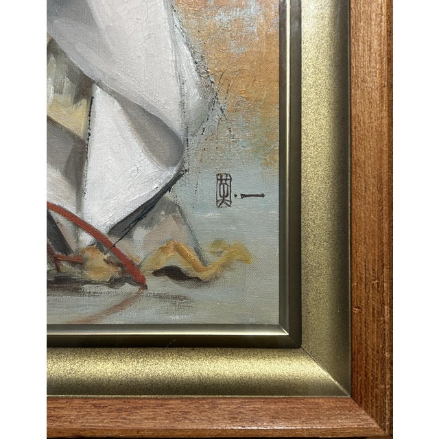 Strinking mid-century oil original oil on canvas by aclaimed Japanese Artist Hideli Hanaabusa (1913-2001), also Known as...