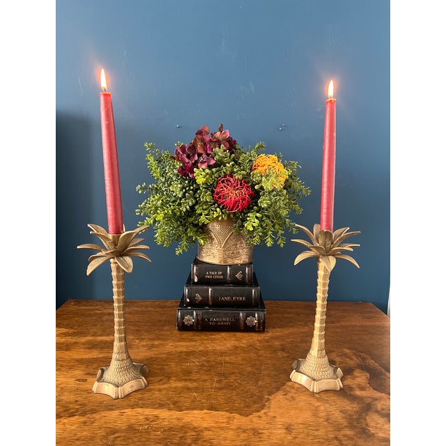 Vintage Brass Palm Tree Candlesticks, Sculptural Tropical Form, Mid-Century For Sale - Image 15 of 18