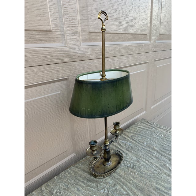 French Provincial Mid-20th Century French Provincial Brass Bouillotte Lamp With Green Shade For Sale - Image 3 of 10
