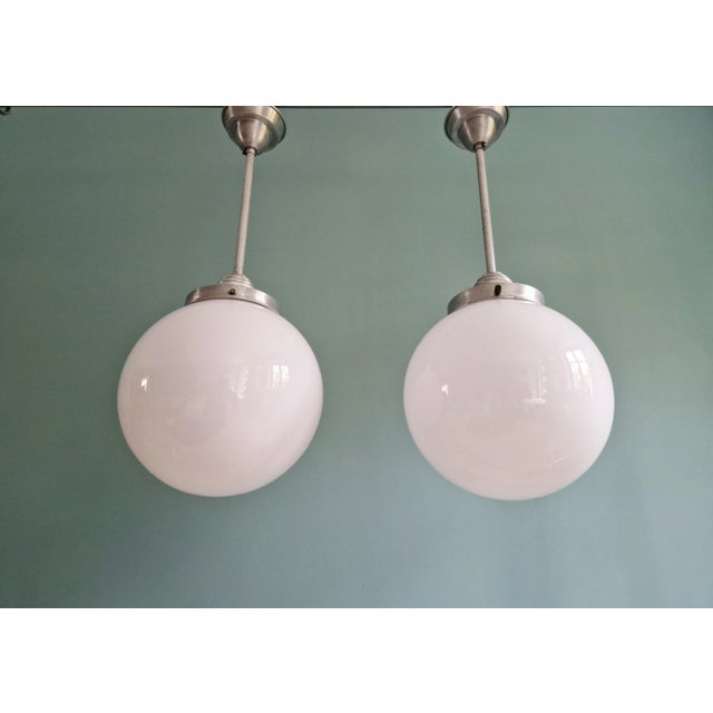 Bauhaus Large Art Deco Pendant Lights in White Opaline, 1930s, Set of 2 For Sale - Image 3 of 13